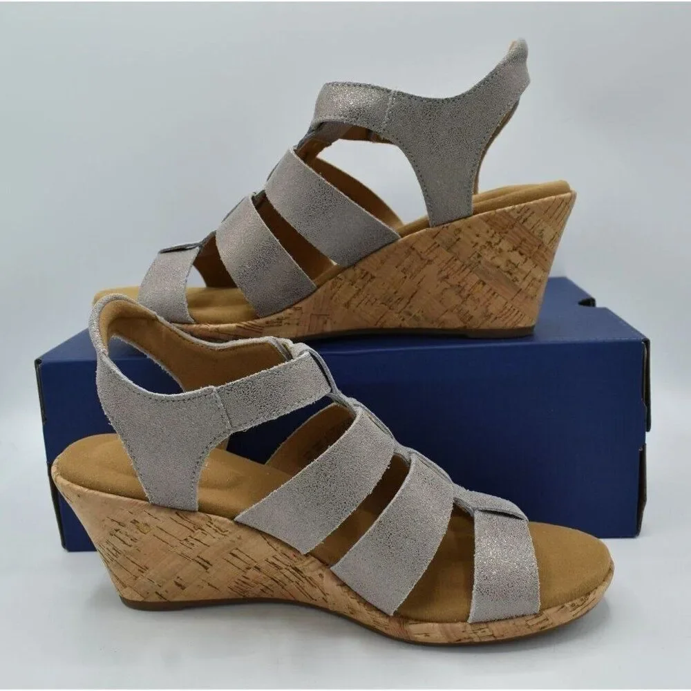 Rockport Women Size 11 Briah New Gladiator Metallic Leather Wedge Sandals Shoes‎